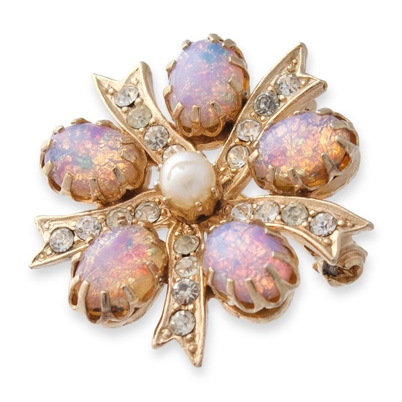 Vintage Faux Opal Starburst Pendant / Brooch Gold Plated Faux Pearl Rhinestone - Picture 2 of 5